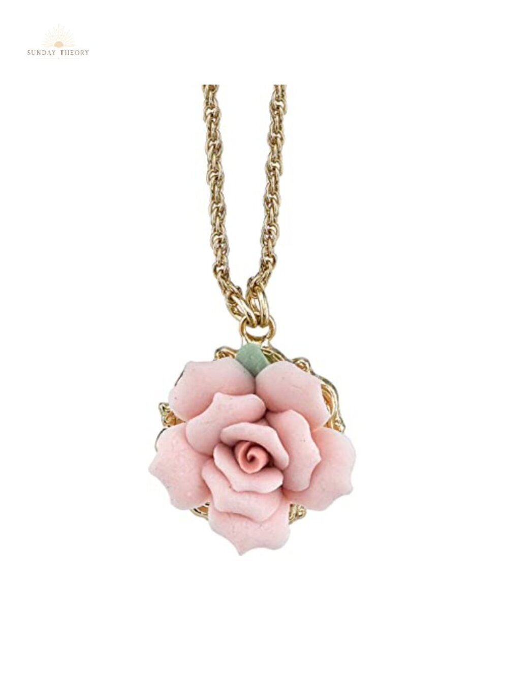 Handmade Porcelain Rose Pendant Necklace 16in Rope Chain Women Jewelry